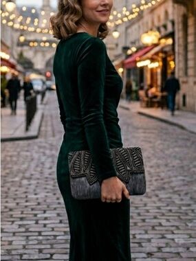 From ST Xavier Black & Silver Beaded Evening Bag Vintage-Inspired Beaded Clutch